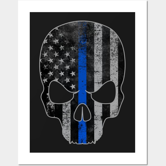 Blue Line American Flag Skull Wall Art by Runesilver